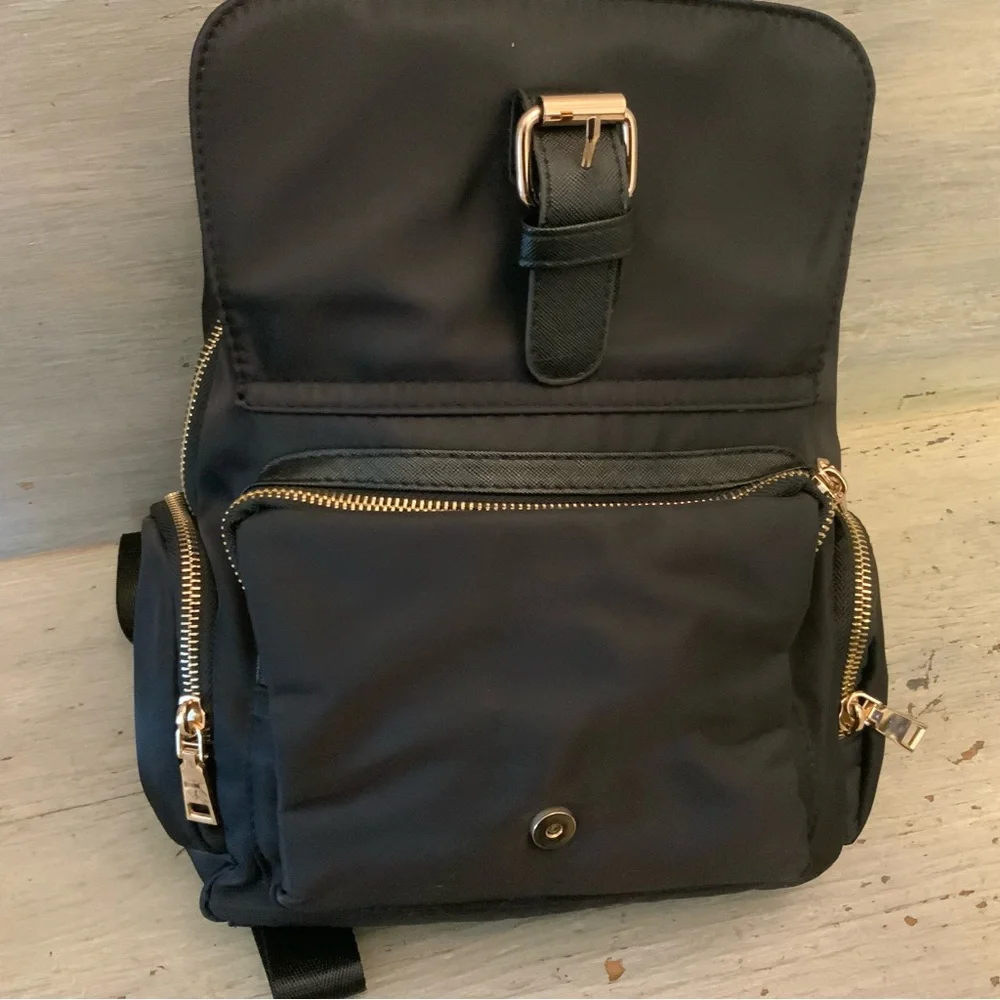 Black Satin Faux‎ Leather Backpack Bag Purse 8x13x4 Like New